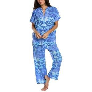 N NATORI Oasis Challis PJ set rayon top drawstring pants SZ XL white blue pajama